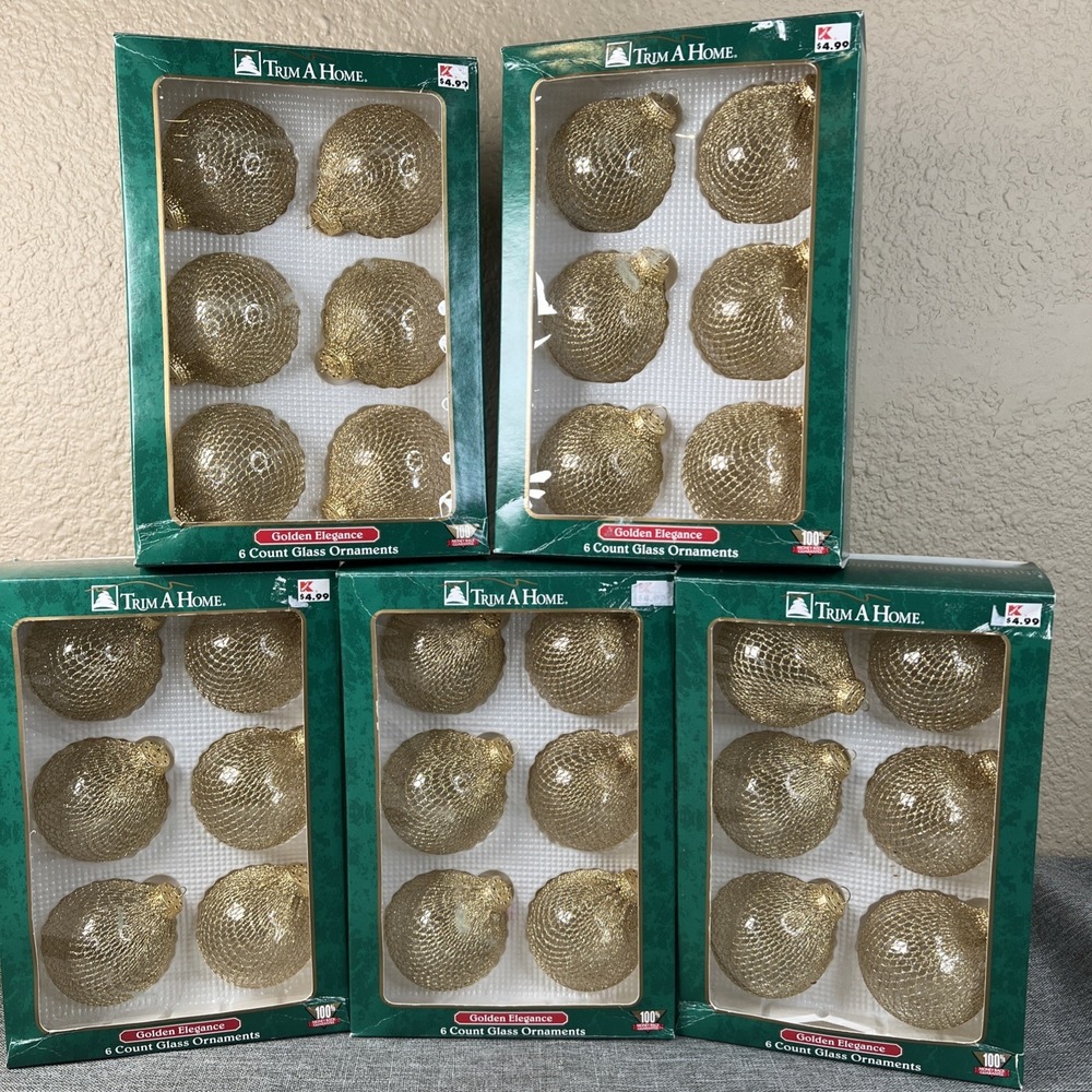 Vtg Trim-A-Home Gold Mesh Net Covered Glass Ball Ornament 5 Sets of 6